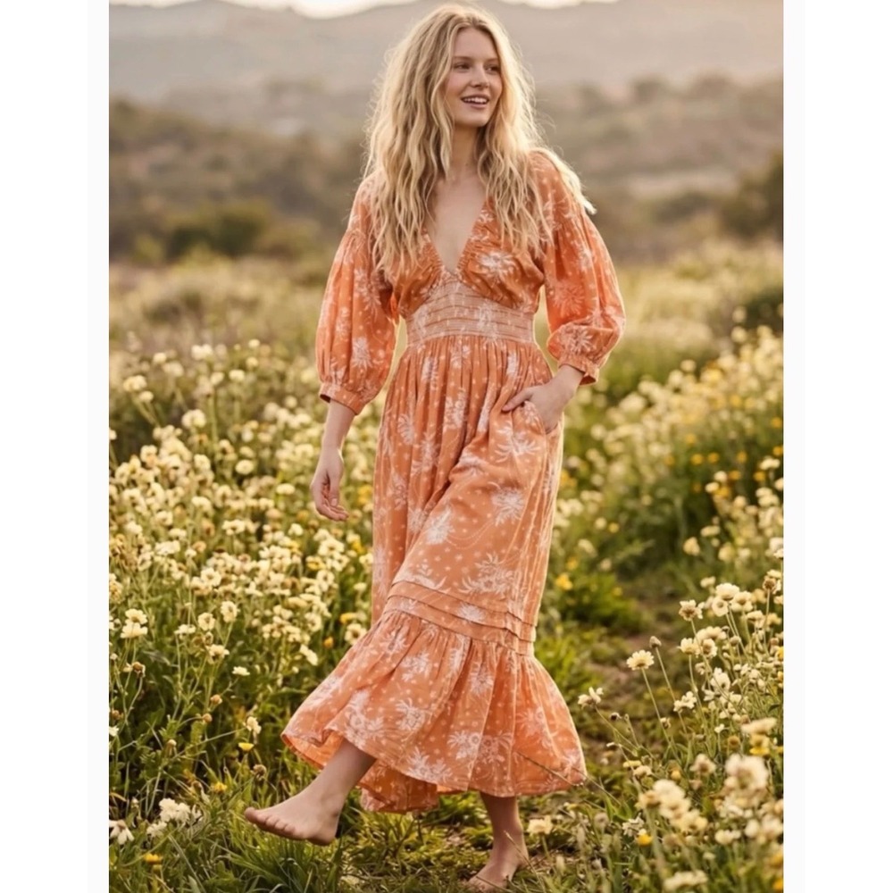 Free People Southwest Lace Maxi Dress Orange Floral Boho Smocked Tiered Large
